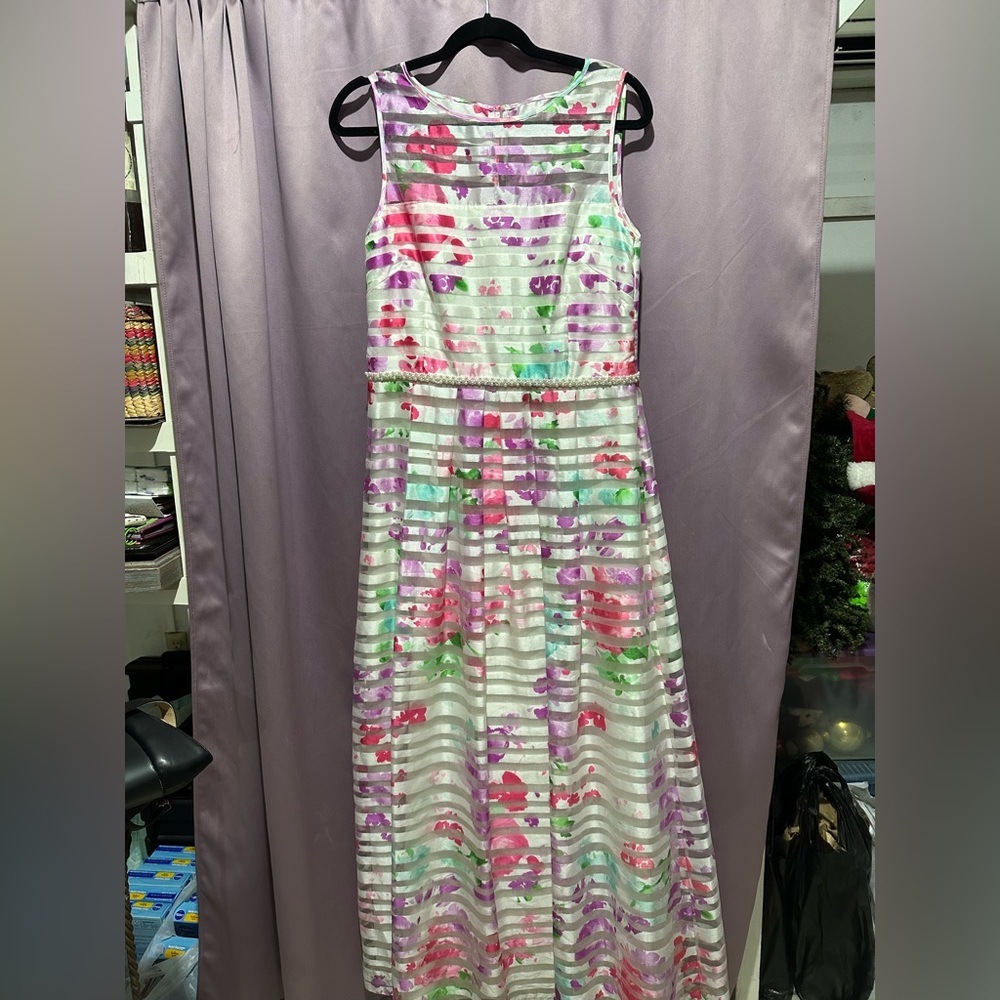 Tahari Pink and Green Scoop Neck Sundress Wedding